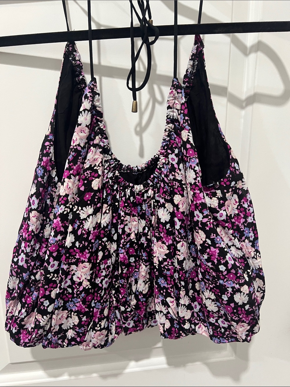 Free People Black & Purple Floral Bubble Crop Top Size Small - Picture 5 of 6